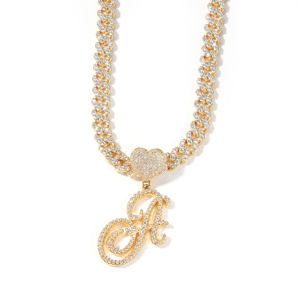 Icy Heart Script Initial Cuban Necklace