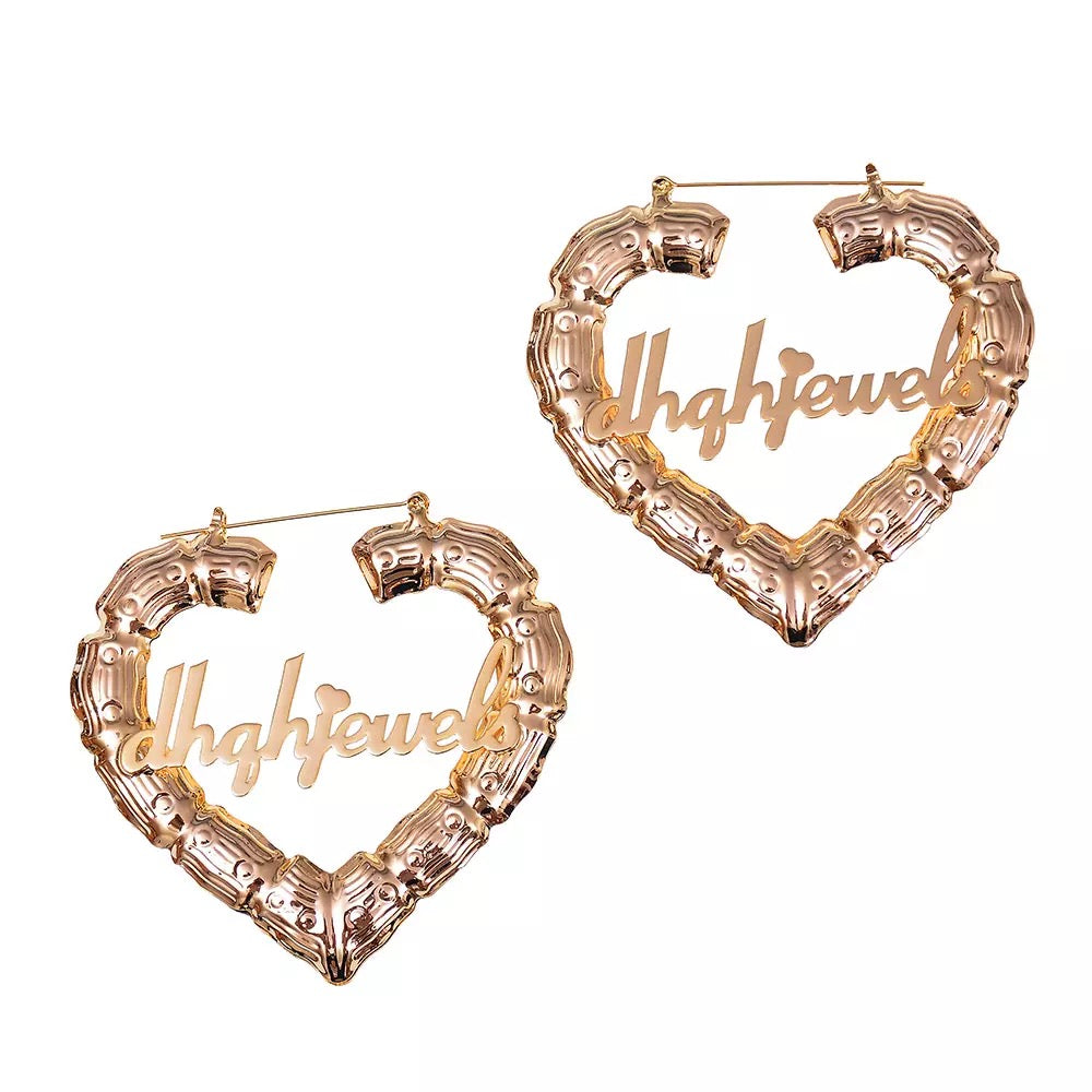 Bamboo Heart Personalized Name Earrings